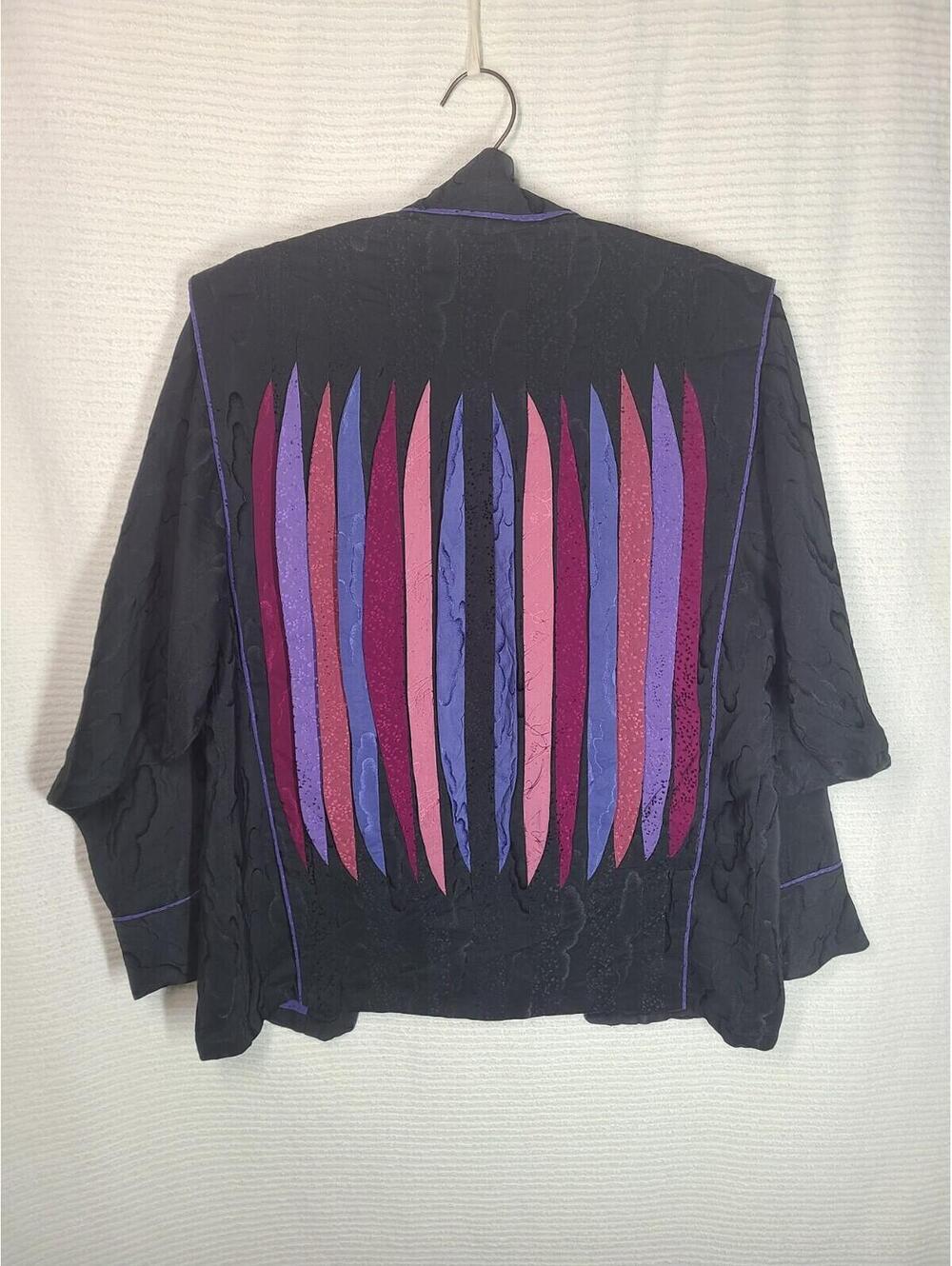 Vtg 80s Black Nylon Kimono Jacket Color Decoration Ooak Unique 90s Retro M L - Picture 8 of 9